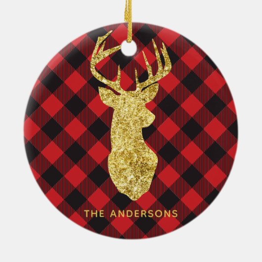 Buffalo Plaid Gold Deer Monogram Kerstmis Keramisch Ornament (Achterkant)