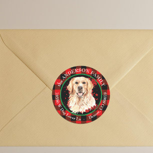 Buffalo Plaid Golden Retriever Hond Retouradres Ronde Sticker