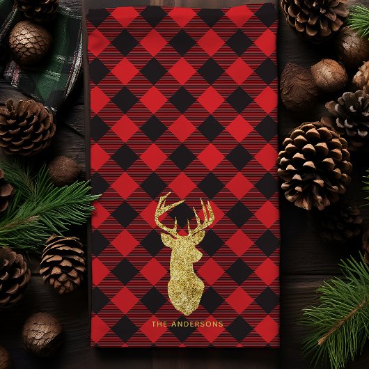Buffalo Plaid Gouden Hertengekleurde Kerst Theedoek