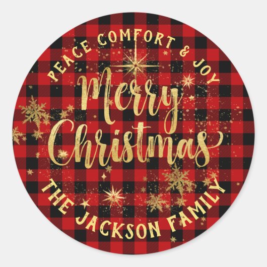 Buffalo Plaid Gouden Kalligrafie Vrolijk Kerstfees Ronde Sticker (Voorkant)