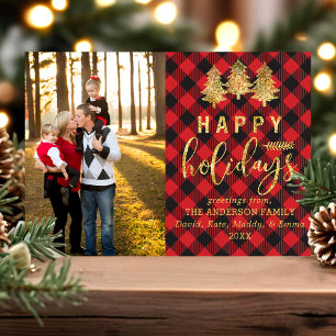 Buffalo Plaid Gouden Zalig Kerstmis Fotokaart Feestdagenkaart