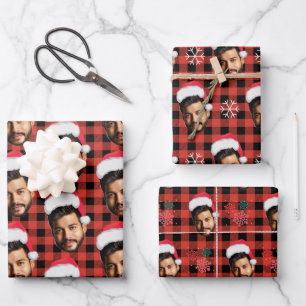 Buffalo Plaid & Grappig Gezicht Foto Kerstman Kers Inpakpapier Vel