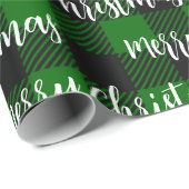 Buffalo Plaid Green Vrolijke Kersttekst Cadeaupapier (Rol Hoek)