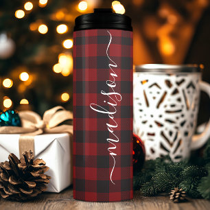Buffalo Plaid Houthakker Handtekening Script Naam Thermosbeker