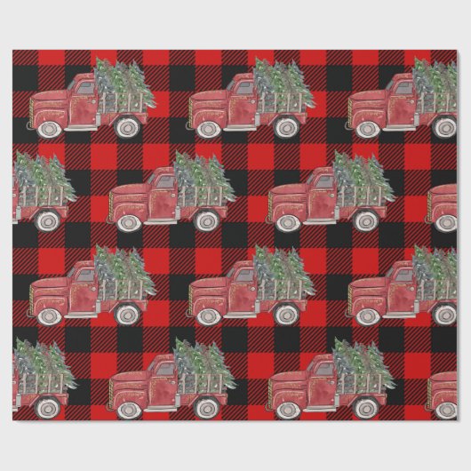 Buffalo Plaid Kerst Truck Rustiek Land Cadeaupapier (Vlak)