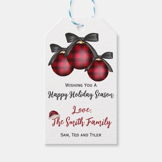 Buffalo Plaid Kerstballen en Kerstman Hoed Kerstmi Cadeaulabel (Voorkant)