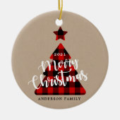 Buffalo Plaid Kerstboom Kraft Foto Keramisch Ornament (Voorkant)