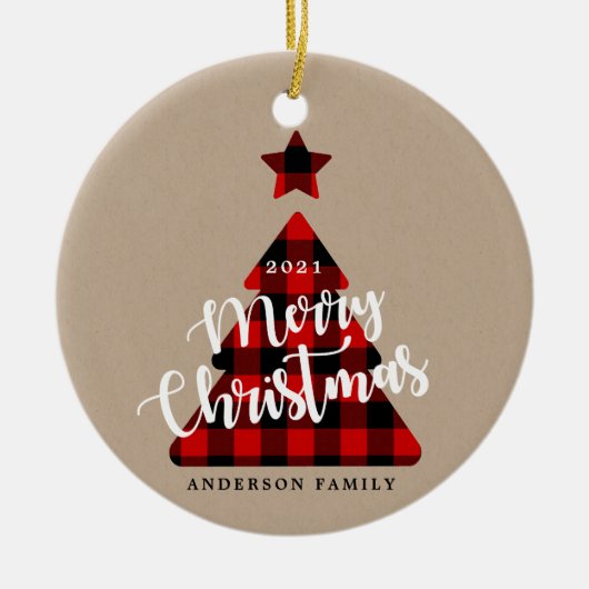 Buffalo Plaid Kerstboom Kraft Foto Keramisch Ornament (Voorkant)