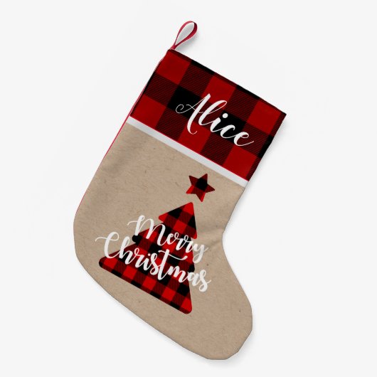 Buffalo plaid kerstboom monogram Stocking Kleine Kerstsok (Voorkant (Hangend))