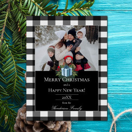 Buffalo Plaid Kerstcadeau Foto | Blauw Feestdagenkaart