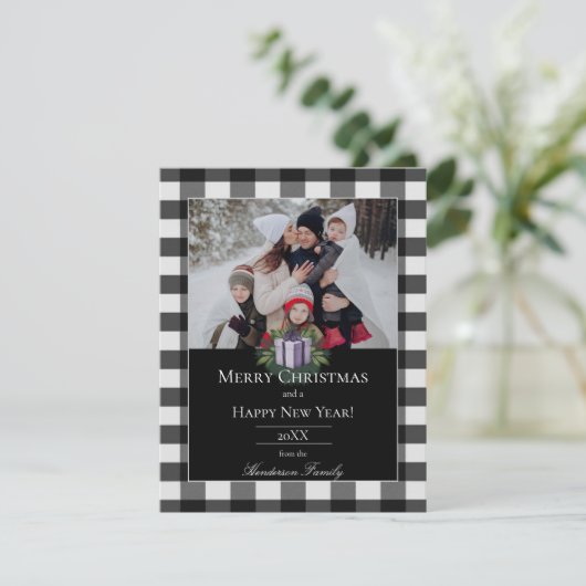 Buffalo Plaid Kerstcadeau Foto | Paars Feestdagenkaart (Staand voorkant)
