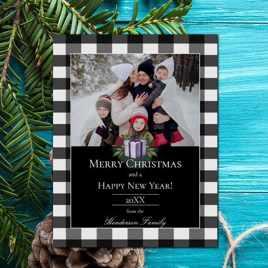 Buffalo Plaid Kerstcadeau Foto | Paars Feestdagenkaart