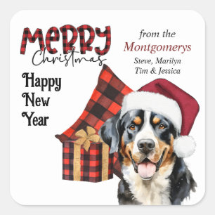 Buffalo Plaid Kerstman Hoed Zwitserse Berghond Vierkante Sticker