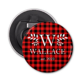 Buffalo Plaid Kerstmis monogram pasgetrouwde foto Button Flesopener