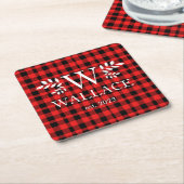 Buffalo Plaid Kerstmis monogram pasgetrouwde foto Kartonnen Onderzetters (Schuin)