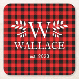 Buffalo Plaid Kerstmis monogram pasgetrouwde foto Kartonnen Onderzetters