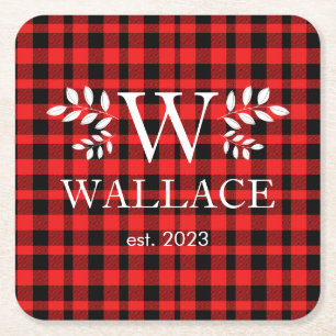 Buffalo Plaid Kerstmis monogram pasgetrouwde foto Kartonnen Onderzetters
