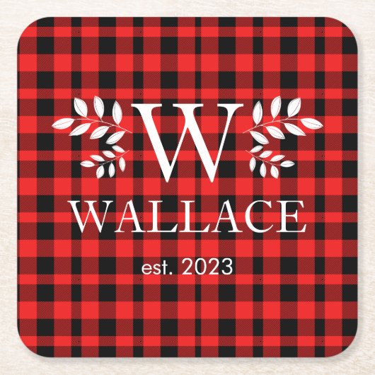 Buffalo Plaid Kerstmis monogram pasgetrouwde foto Kartonnen Onderzetters (Voorkant)