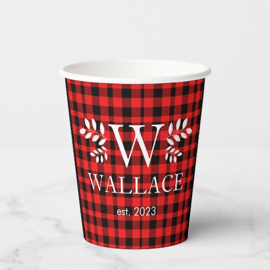 Buffalo Plaid Kerstmis monogram pasgetrouwde foto Papieren Bekers (Achterkant)