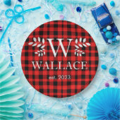 Buffalo Plaid Kerstmis monogram pasgetrouwde foto Papieren Bordje (Feest)