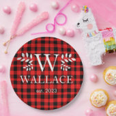 Buffalo Plaid Kerstmis monogram pasgetrouwde foto Papieren Bordje (Feest)