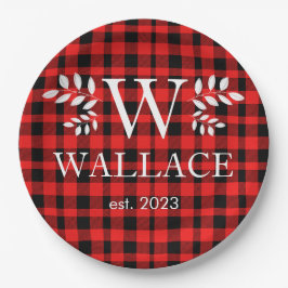 Buffalo Plaid Kerstmis monogram pasgetrouwde foto Papieren Bordje