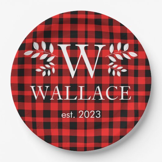 Buffalo Plaid Kerstmis monogram pasgetrouwde foto Papieren Bordje (Voorkant)