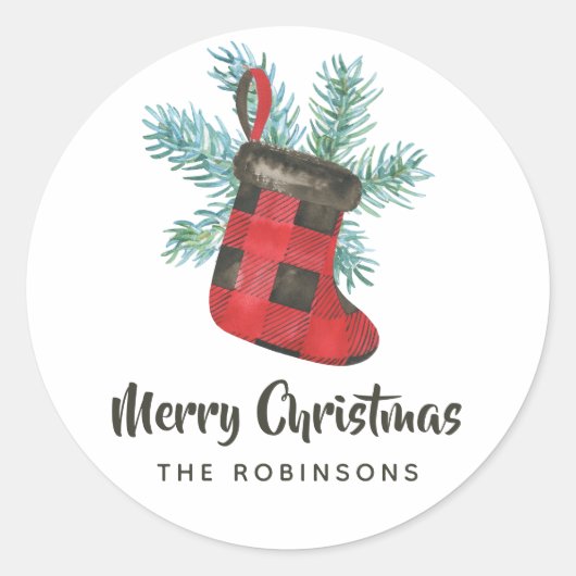 Buffalo Plaid Kerstmis Ronde Sticker (Voorkant)