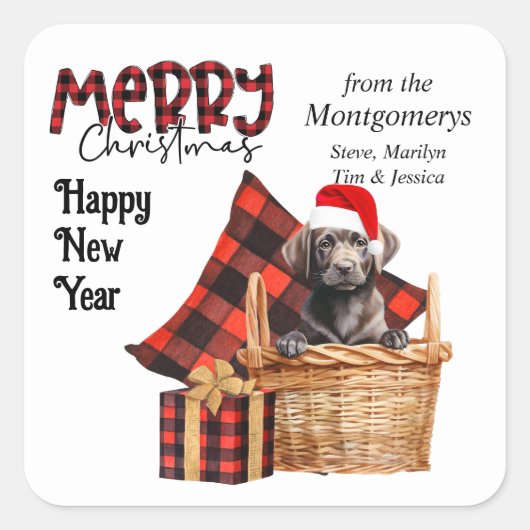 Buffalo Plaid Labrador Retriever Puppy Kerstmis Vierkante Sticker (Voorkant)