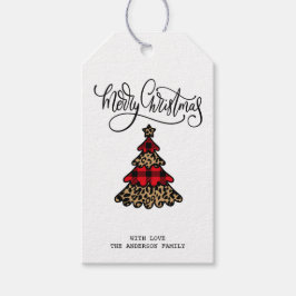 Buffalo Plaid & Leopard Patroon Kerstboom Cadeaulabel