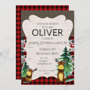 Buffalo Plaid Little Moose Party Invitation Kaart