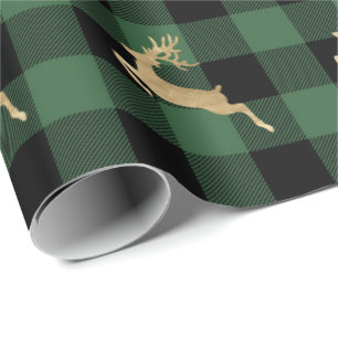 Buffalo Plaid Lomberjack Gold Reindeer Green Wood Cadeaupapier
