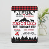 Buffalo Plaid Lumberjack Eerste Verjaardag Uitnodi Kaart (Staand voorkant)