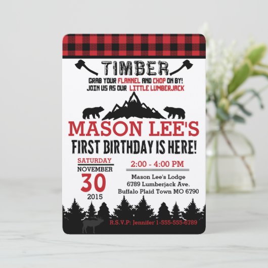 Buffalo Plaid Lumberjack Eerste Verjaardag Uitnodi Kaart (Staand voorkant)