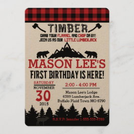 Buffalo Plaid Lumberjack Eerste Verjaardag Uitnodi Kaart