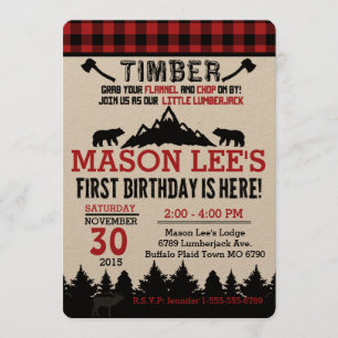Buffalo Plaid Lumberjack Eerste Verjaardag Uitnodi Kaart
