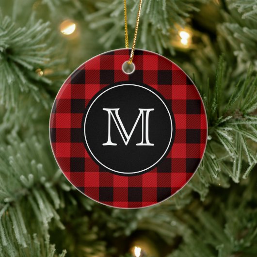Buffalo Plaid Lumberjack Rood en Zwart Monogram Keramisch Ornament (Boom)