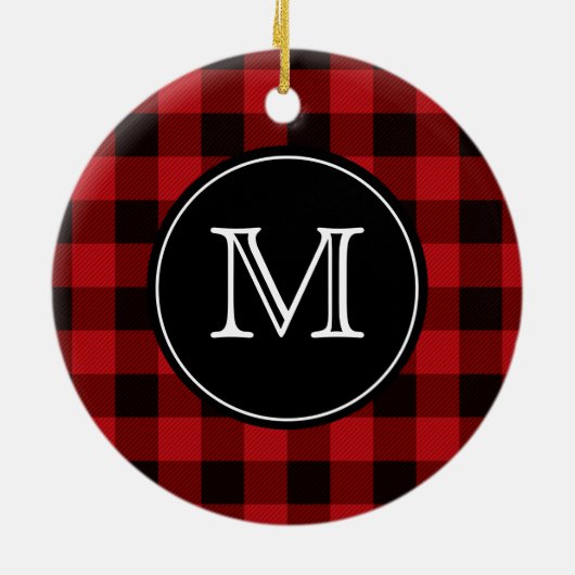 Buffalo Plaid Lumberjack Rood en Zwart Monogram Keramisch Ornament (Achterkant)