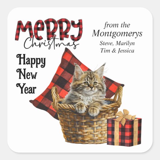 Buffalo Plaid Maine Coon Kitten Kerstmis Vierkante Sticker (Voorkant)