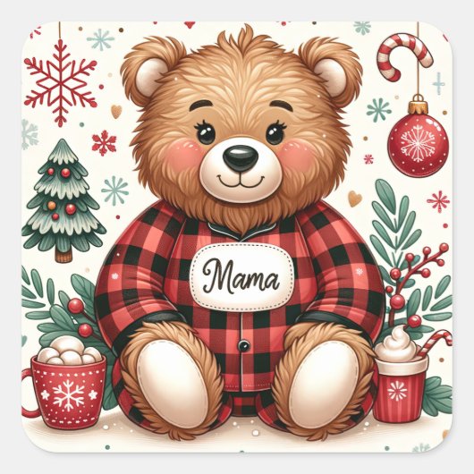 Buffalo Plaid Mama Beer Kerst Vierkante Sticker (Voorkant)