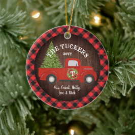 Buffalo Plaid Monogram Foto Vintage Rode Truck Keramisch Ornament