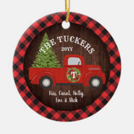 Buffalo Plaid Monogram Foto Vintage Rode Truck Keramisch Ornament