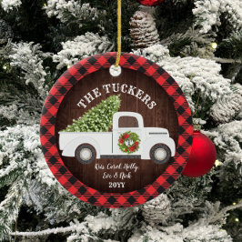 Buffalo Plaid Monogram Foto Vintage Witte Truck Keramisch Ornament