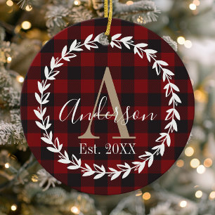 Buffalo Plaid Monogram Krans Familie Kerstmis Keramisch Ornament
