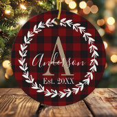 Buffalo Plaid Monogram Wreater Family Kerstmis Keramisch Ornament