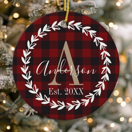 Buffalo Plaid Monogram Wreater Family Kerstmis Keramisch Ornament