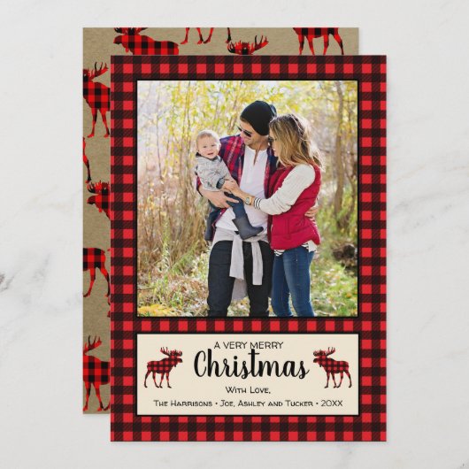 Buffalo Plaid & Moose Rustieke Kerstkaart (Voorkant / Achterkant)