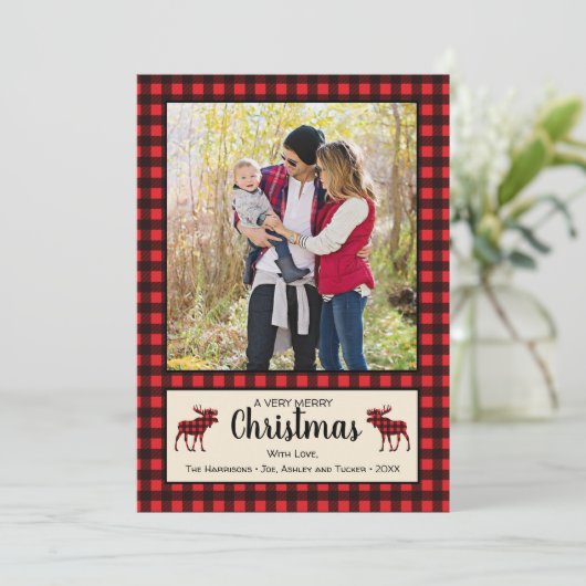 Buffalo Plaid & Moose Rustieke Kerstkaart (Staand voorkant)