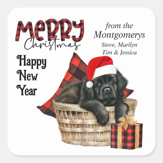 Buffalo Plaid Newfoundland Puppy Kerstmis Vierkante Sticker (Voorkant)