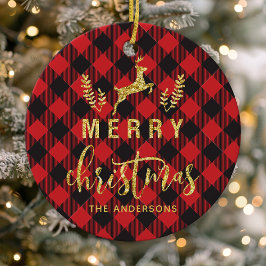 Buffalo Plaid Prettig Kerst Monogram Keramisch Ornament